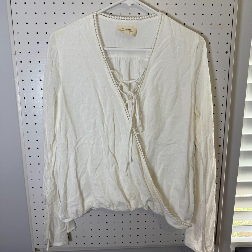 IF BY SEA Blouse Women's Medium Cream Wrap Pom-Pom Trim V-Neck Long Sleeve Top